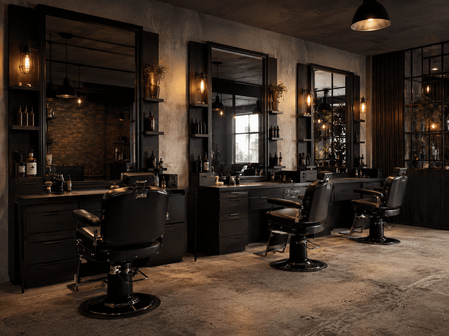 Contemporary dark barbershop interior; concept placeholder photography